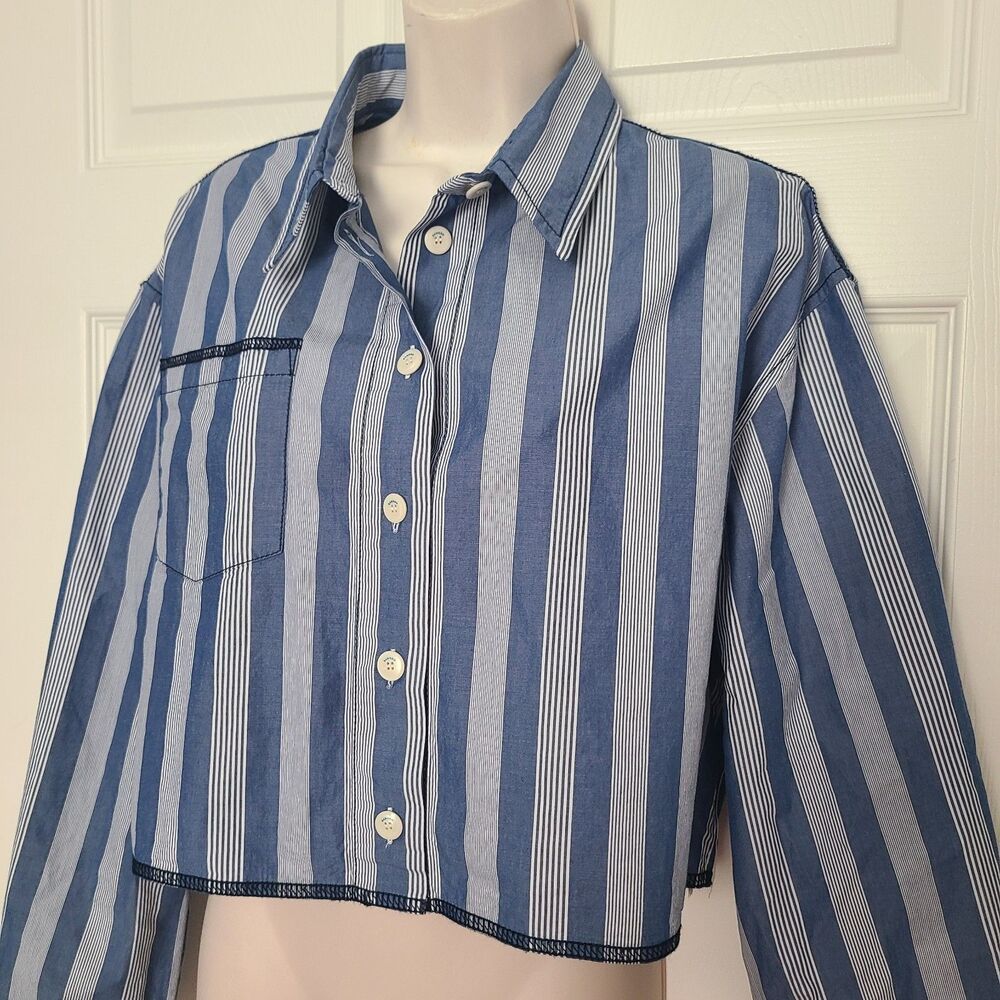 Women Sandro sz 4 Cropped Collared Striped Long Sleeve Blouse SHIRT Top - Picture 3 of 12